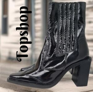 Topshop Black Patent Leather Stretch Panels Cowgirl Western Bootie Sz 4 Rodeo
